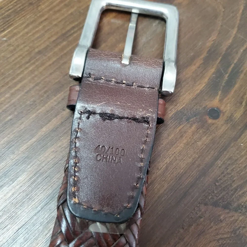 Men's Braided Belt 40 Brown All Leather Woven Braided Brass Buckle Dress Work